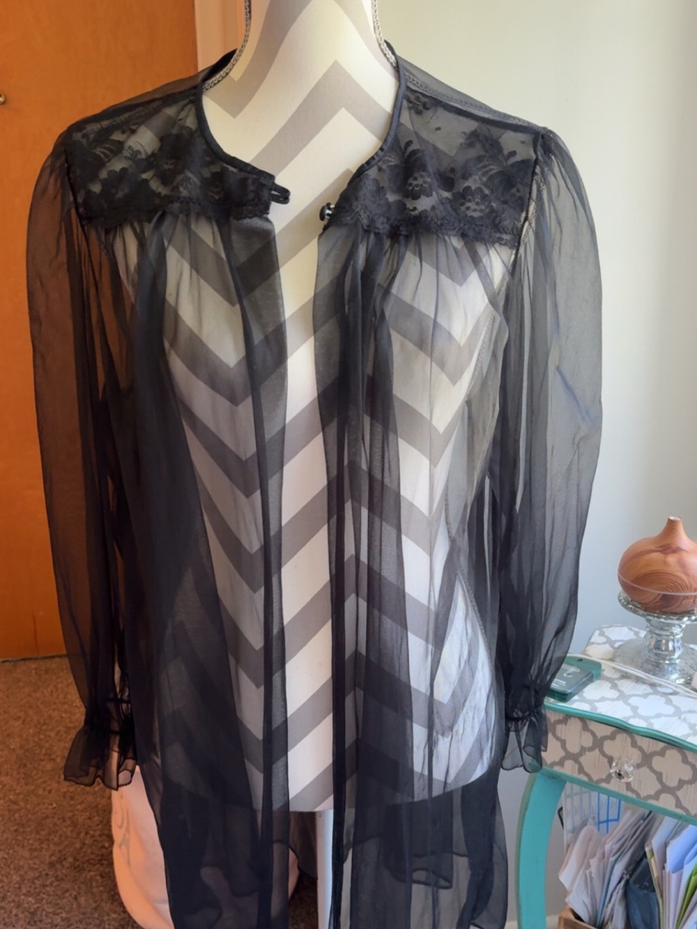 Vintage Sheer Black Lace Detail Robe Kimono Cover Up
